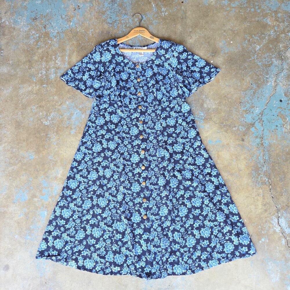 Vintage 90s Floral Print Midi Dress Size L 14 Blue Button Front Flutter Sleeve
